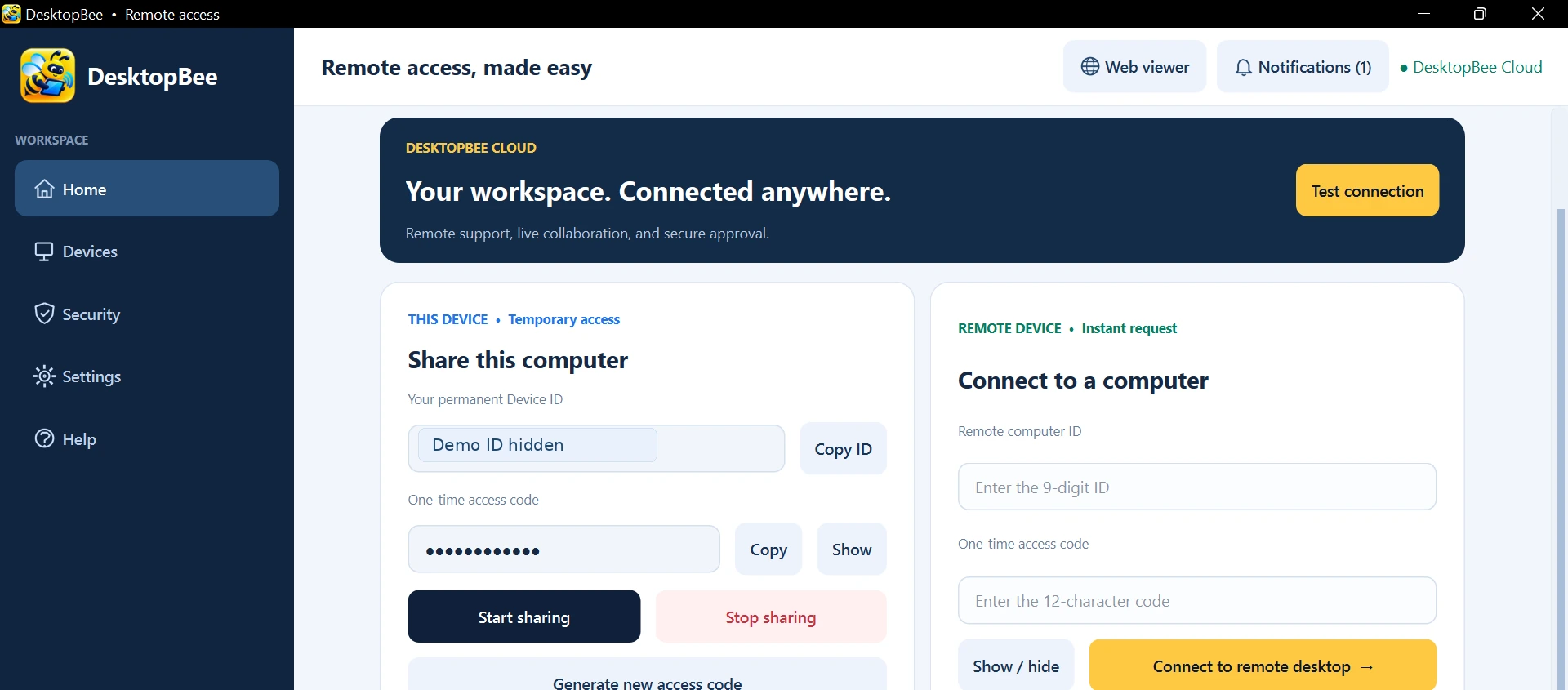 DesktopBee Windows interface: host sharing, remote computer connection, access-code fields, and Cloud status